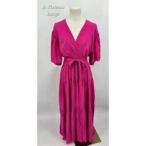 R. Vivimos Bold Dopamine Dressing Shocking Pink Wrap Maxi Dress | Size Large